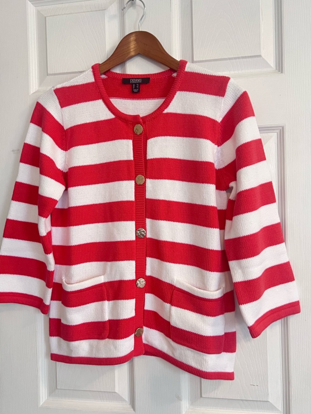 Dennis By Dennis Basso Coral Stripe Button Up Nautical Cardigan Sweater